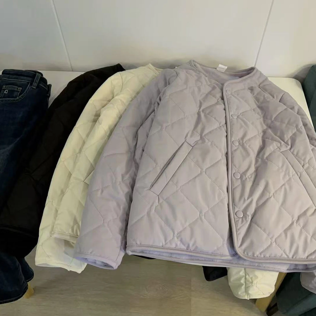 

Двусторонняя теплая хлопковая куртка с ромбовидной сеткой, женская осенне-зимняя темпераментная флисовая куртка с круглым вырезом, повседневное однобортное пальто