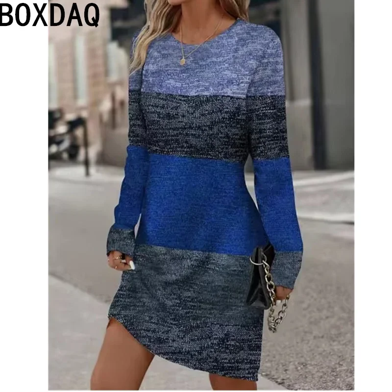 

Autumn New Women Long Sleeve O-Neck Casual Dress 3D Vintage Gradient Color A-line Dress Big Size Elegant Women's Dress Vestidos