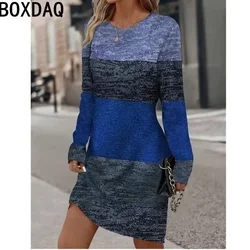 Autumn New Women Long Sleeve O-Neck Casual Dress 3D Vintage Gradient Color A-line Dress Big Size Elegant Women's Dress Vestidos