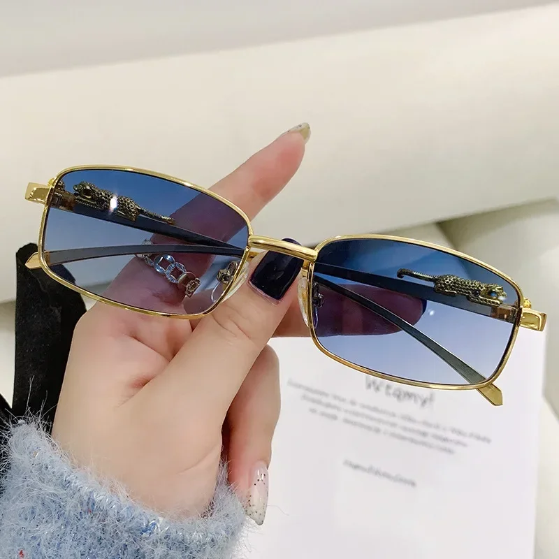 Fashion Small Frame Rectangle Sunglasses Women Retro Cheetah Decoration Clear Ocean Lens Eyewear Men Sun Glasses Shades UV400