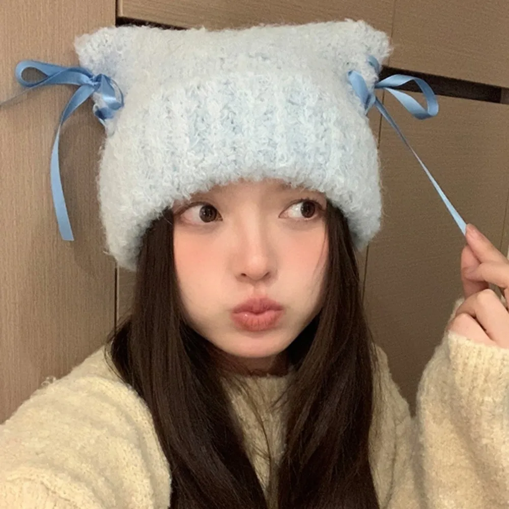 

Windproof Cat Ear Beanie Sweet Bow Ribbon Thickened Warm Pullover Hat Color Straps Handmade Knitted Beanie for Autumn Winter