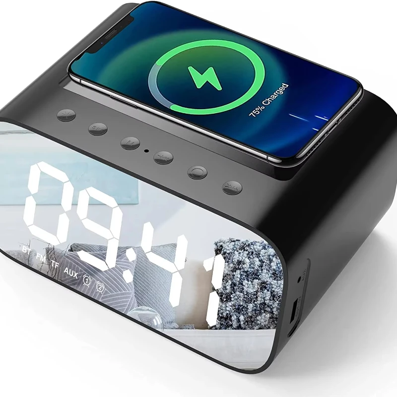 

Bedside Digital Alarm Clock Wireless Charging Bt Speaker With FM Radio
