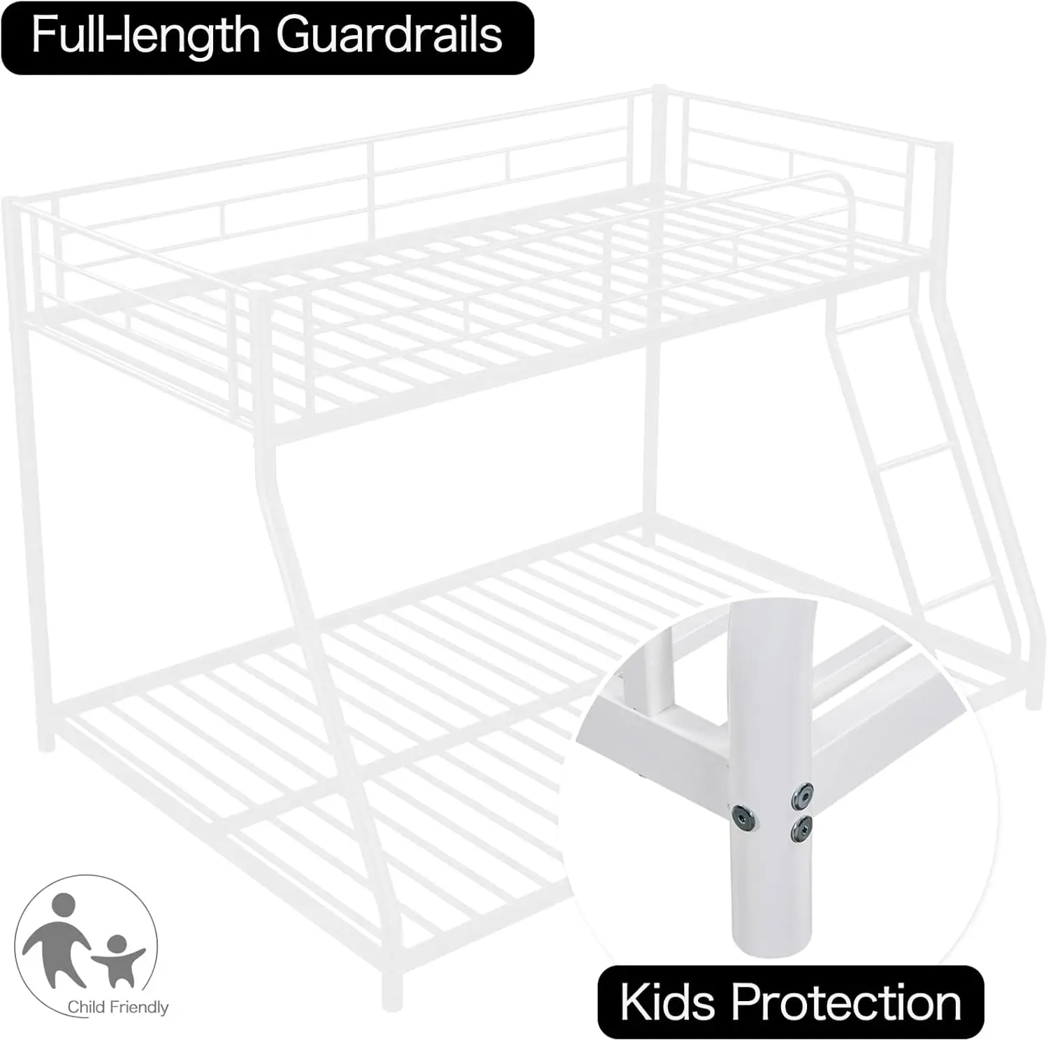 벙커침대 트윈 오버 풀 스틸 금속 침대 프레임, 평평한 사다리 및 가드레일 포함, 어린이, 청소년, 성인용 (흰색)