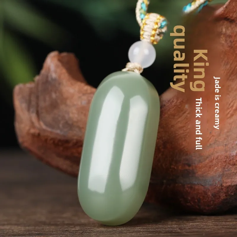 Chinese Style Good Fortune Blessing Natural Hetian Jade Clear Green Wushi Tag Pendant Necklace For Ladies Lucky Amulet Jewelry