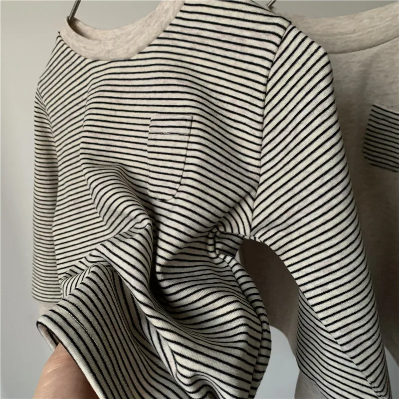 2024 Spring New Baby Long Sleeve T Shirts Boys Girls Striped Casual Tops Toddler Loose Versatile Bottoming Shirt Kids Clothes