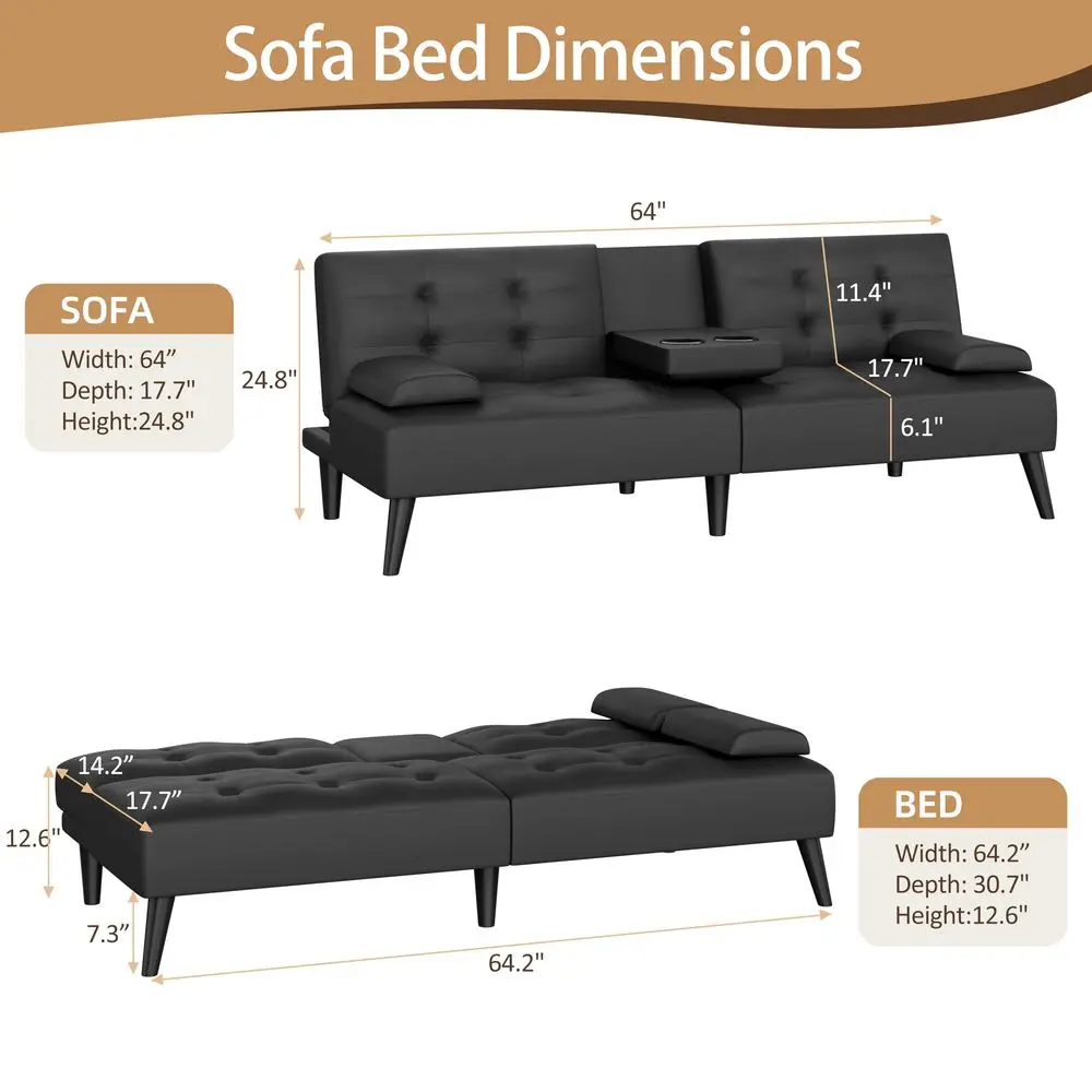 Futon Sofa Bed, 64 Small Futon Couch with Adjustable Backrest, 3Angle Recliner, Detachable Armrests with Cup Holders for Small