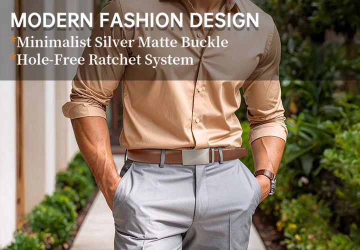 Maikun Brown Leather Ratchet Belts for Men Quick Release and Trim to Fit Length Width 1 3/8"