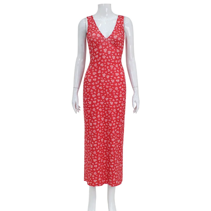 Robe longue Sexy pour femmes, col en v, Style français, imprimé Floral, dos nu, bretelles Spaghetti, robe de plage pour les vacances, coupe cintrée