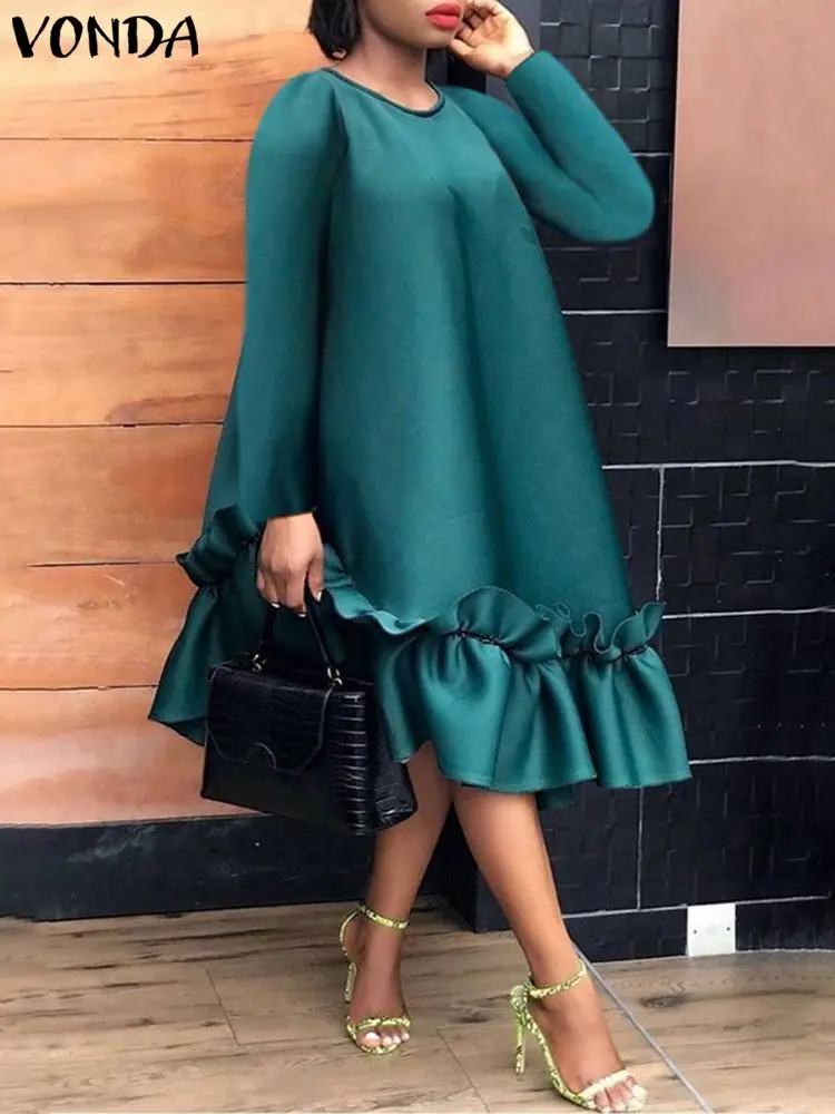 Plus Size 5XL Elegant Women Midi Dress 2024 VONDA Casual Solid Color Ruffled Party Sundress Vintage Long Sleeve Vestidos Robe