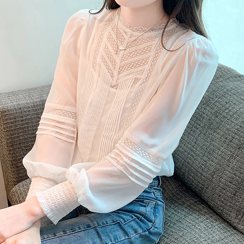 Malha transparente oco para fora camisas ol feminino lanterna manga blusa branca feminina 2025 nova primavera outono elegante camisas de renda feminina