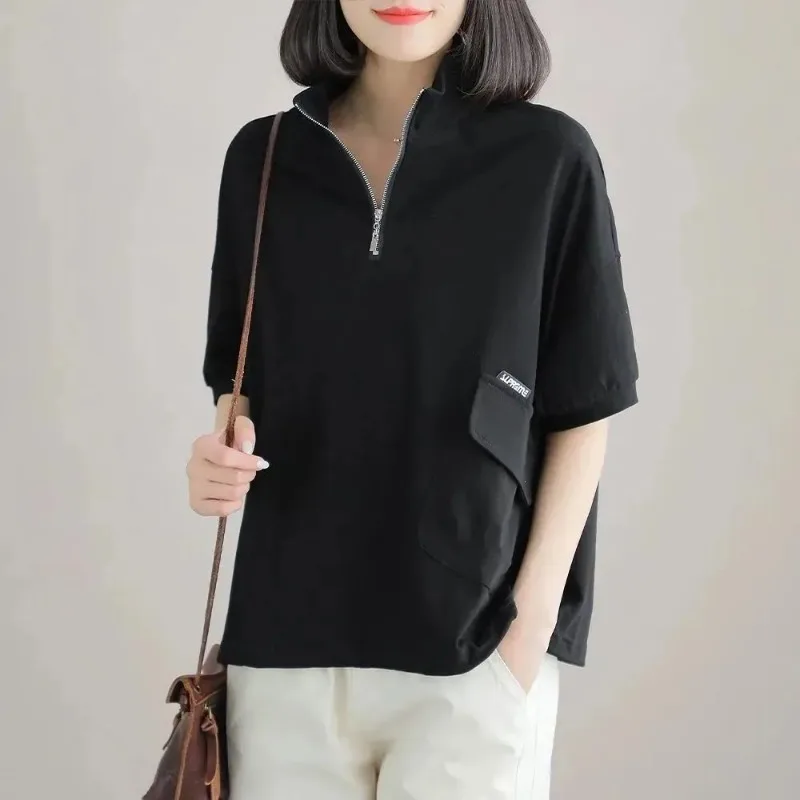 Half Zip Pocket T-shirt Black Oversized Short Sleeve T-shirt with Half Zip Placket and Utility Pocket with Logo DetailYY236