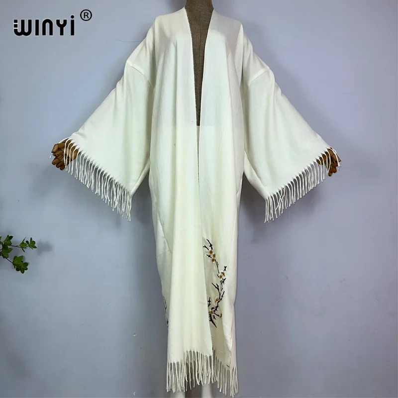 2023 WINYI Winter Women tassel Pashmina Embroidery Long Coat Loose Lapel OverCoat Thick Warm free size Middle East Female KIMONO