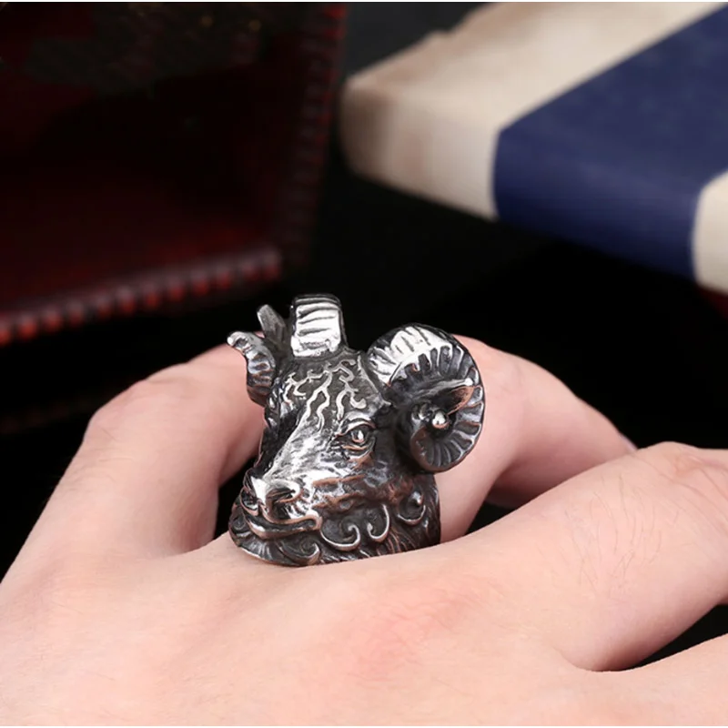 موضة خمر الحمل الماعز رئيس الحيوان رؤساء دراجة نارية مبالغ فيها فاسق حلقة معدنية للرجال مجوهرات #4