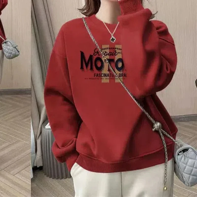 Office Lady Letter Printing Round Neck Pullover Lantern Long Sleeve Loose Sports Hoodies Women\'s Clothing Spring Autumn Tops