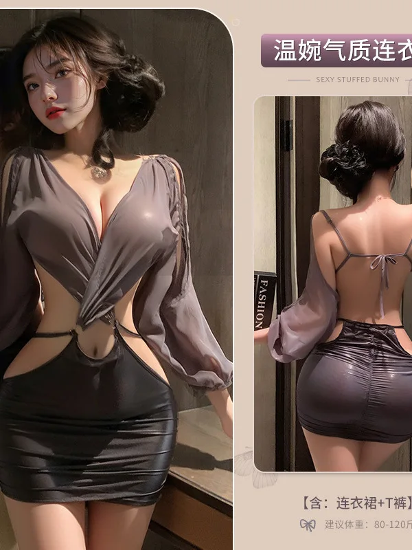 섹시한 브이넥 메쉬 레이스 쉬어 투명 사이드 오픈 웨이스트 여신 나이트클럽 비서 유니폼 원피스, 우아한 스위트 여성 상의, BTN7