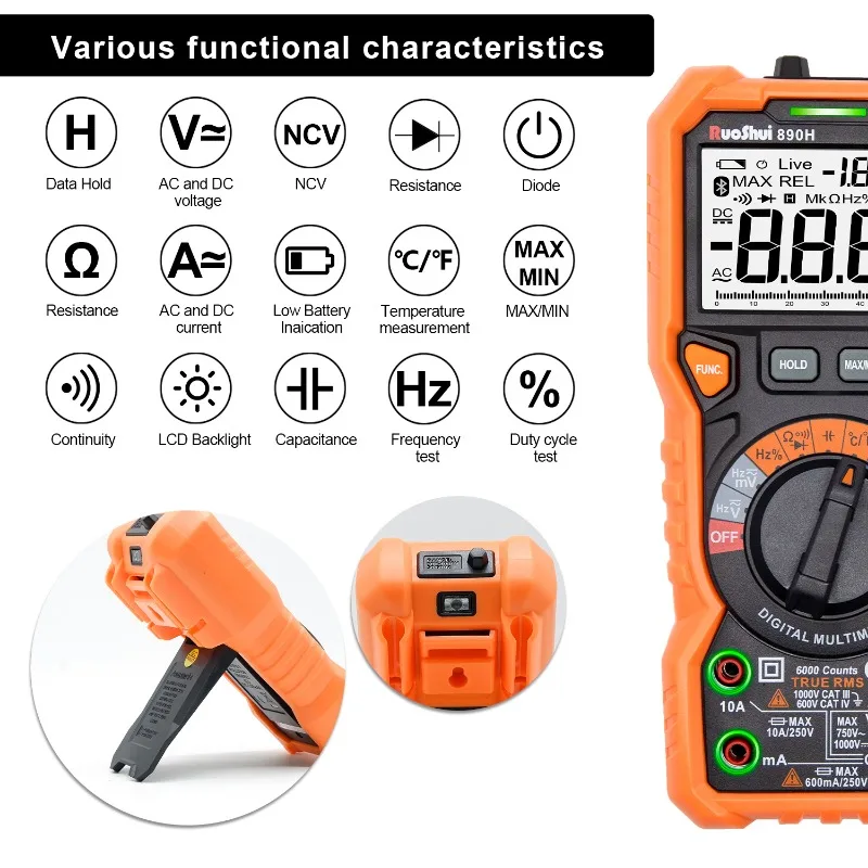 RuoShui 890F Digital Multimeter Count Ture RMS Meter NCV 6000 Live Professional Resistance Frequency Voltage Temperature Tester