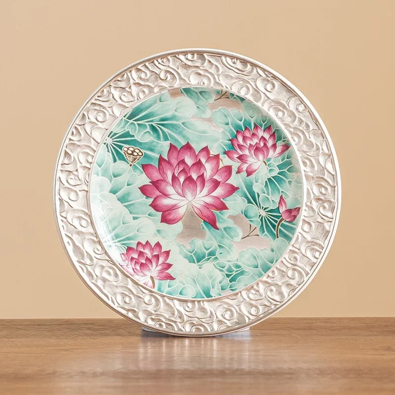 Lotus Pond Moonlight Pot Bearing Hand-painted 999 Silver Dry Soaking Table High End Cover Bowl Bottom Support Refreshment Plate