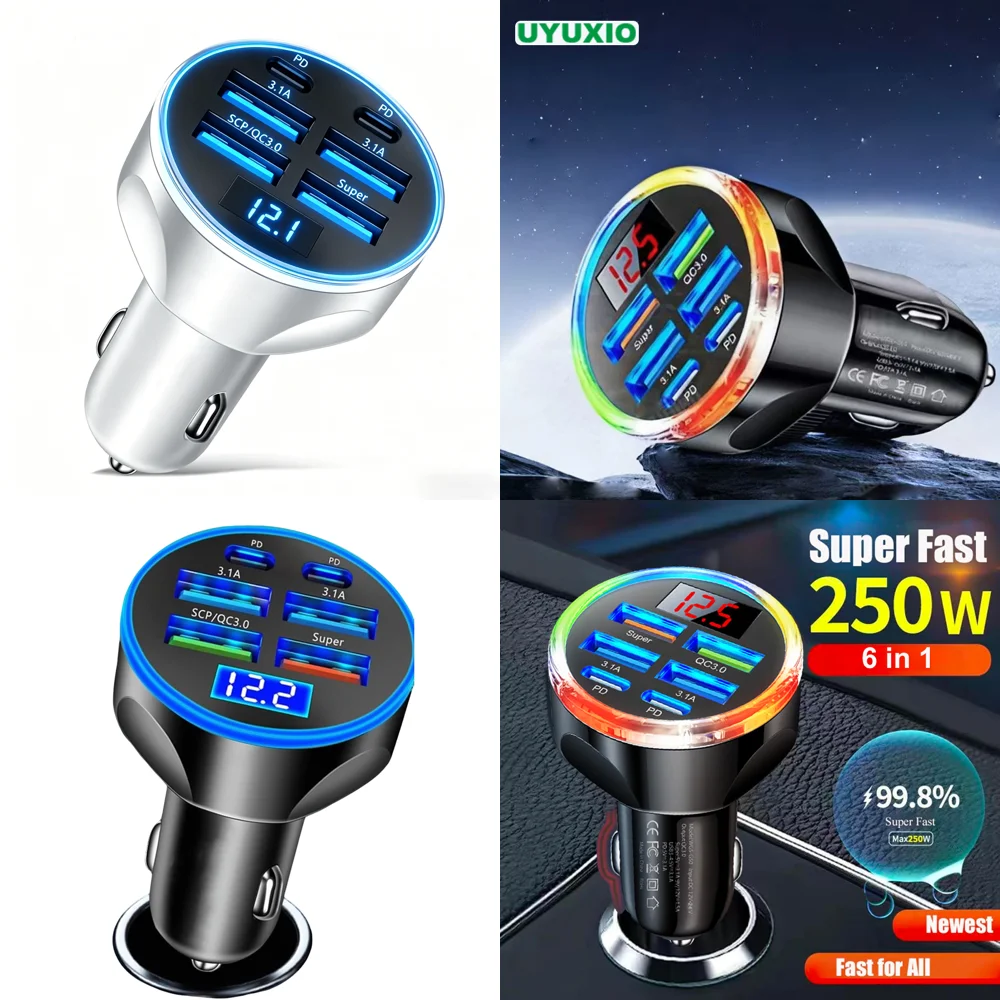 Dropshipping Products 6 in 1 Super Fast Charge Adapter in Car with Volt Meter Multi Port USB C Car Charger for iPhone Trending