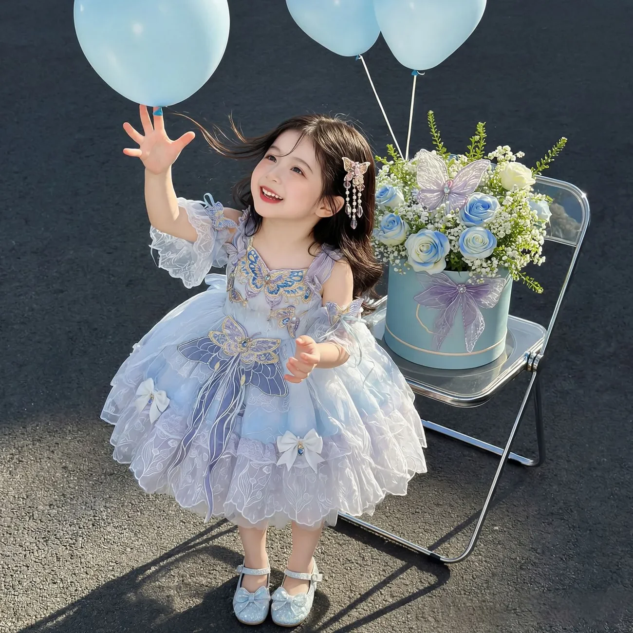 Baby Girl Summer Sweet Lolita Lace Princess Ball Gown Floral Butterfly Lace Sundress Birthday Holiday Party Eid Childen Clothing