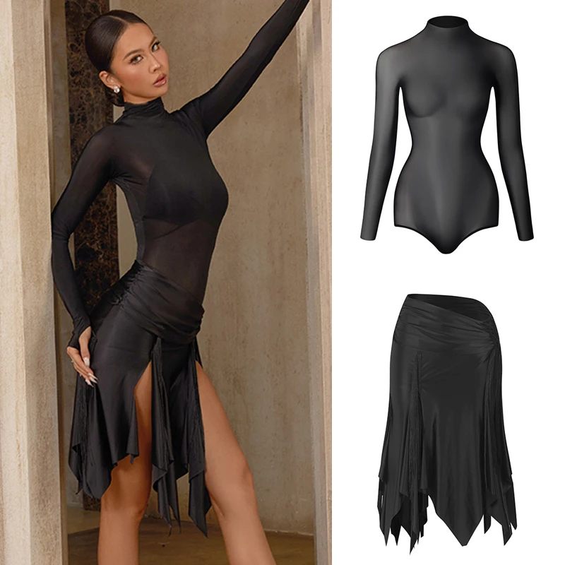 ZYM Adults Samba Latin Dance Costume Women Sexy Long Sleeves Mesh Tops Irregular Skirt Latin Dance Competition Clothes SL13661