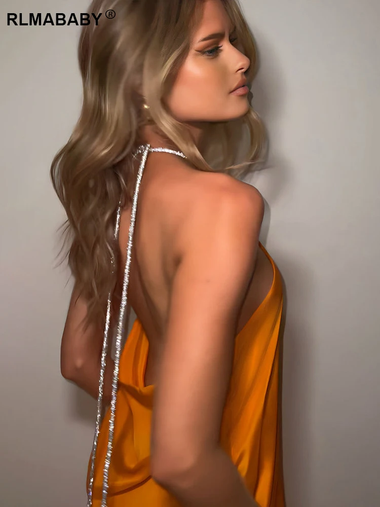 RLMABABY Elegant Sexy Backless SequinsHalter Women Maxi Dress Summer Off Shoulder Thigh High Split Party Satin Gown Long Dress