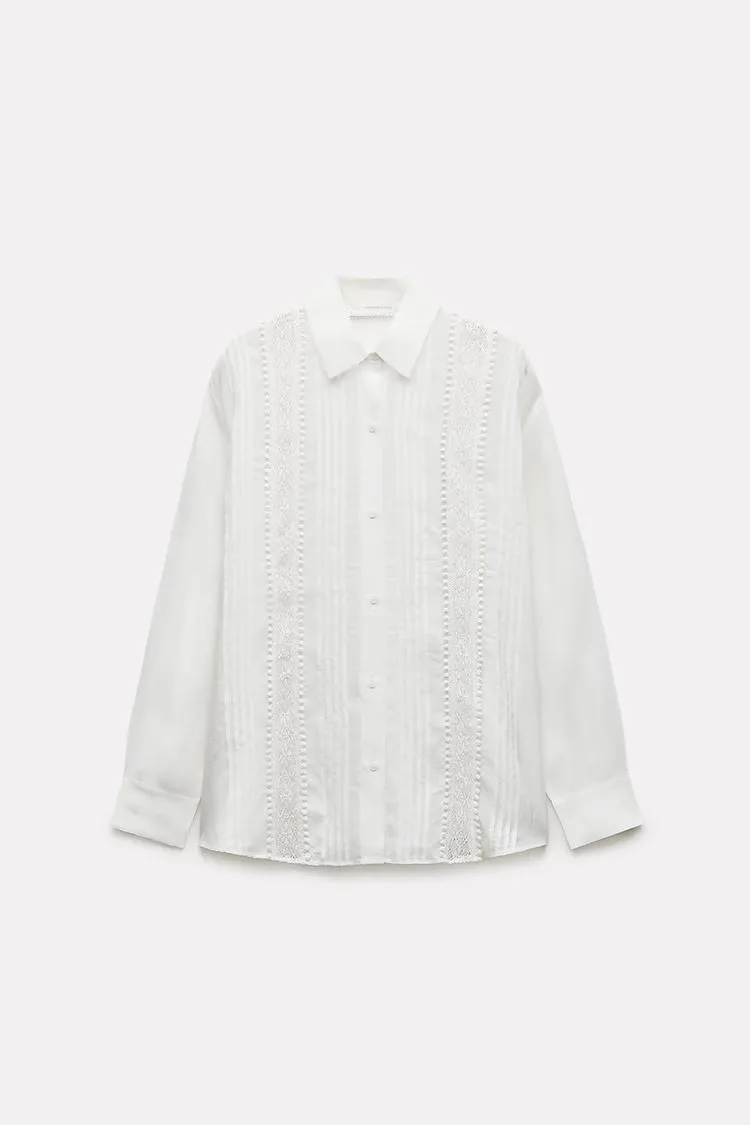 Faionable White Long Sve irt Spring Summer New Sle Women's Clothing Commute Personali Turn-down Collar Vertical Lace