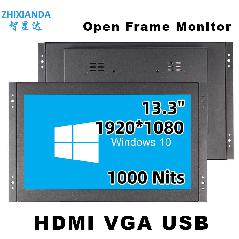 1000 Nits 13.3 Inch HD Open Frame Industrial Display 1920*1080 Resistive/Capacitive Touch Screen Monitor With VGA HDMI Interface