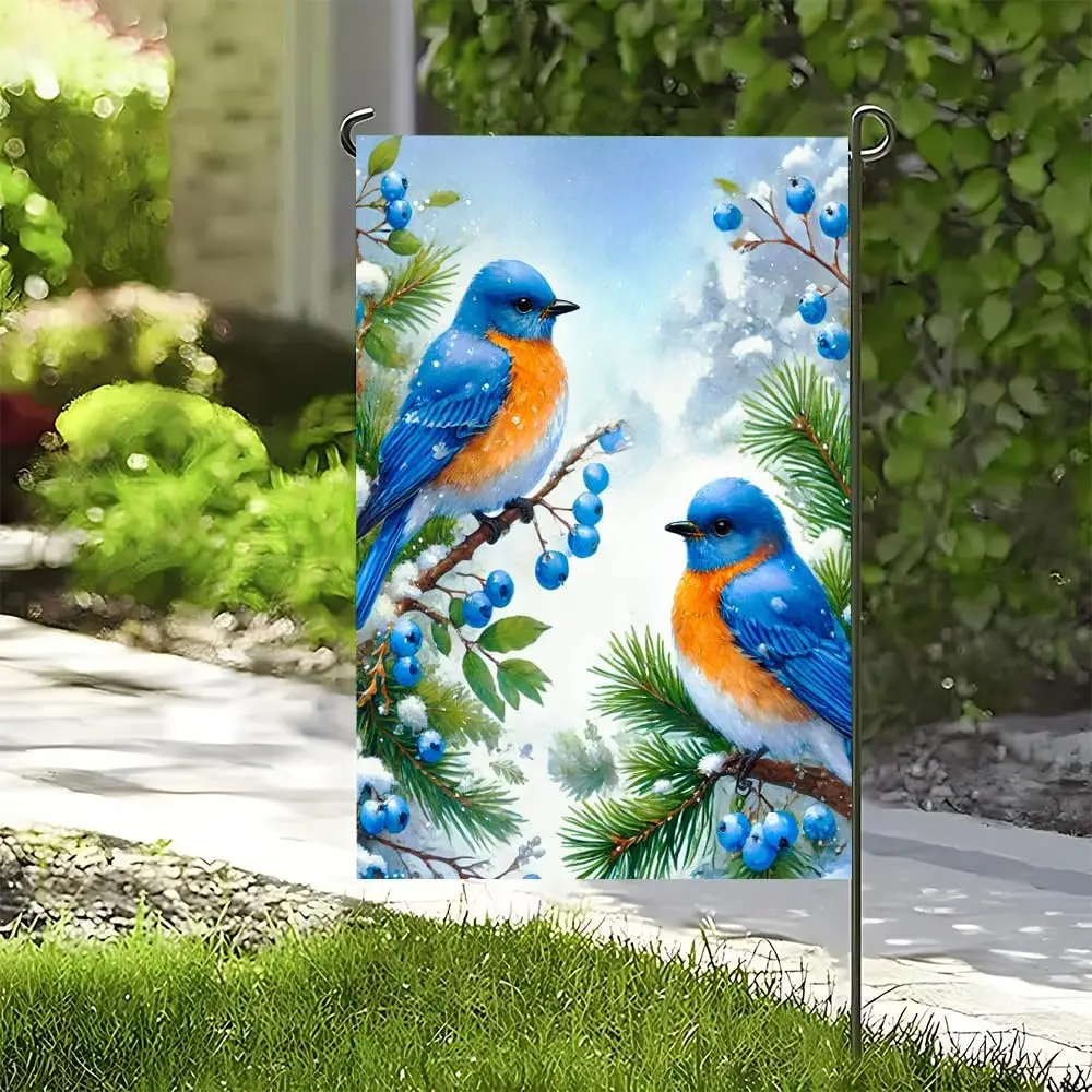 Winter Garden Flag 11.81 x 17.72 Inch Bluebirds on Snowy Pine Branch with Berries Seasonal Outdoor Yard Flag for Holiday Win LLG