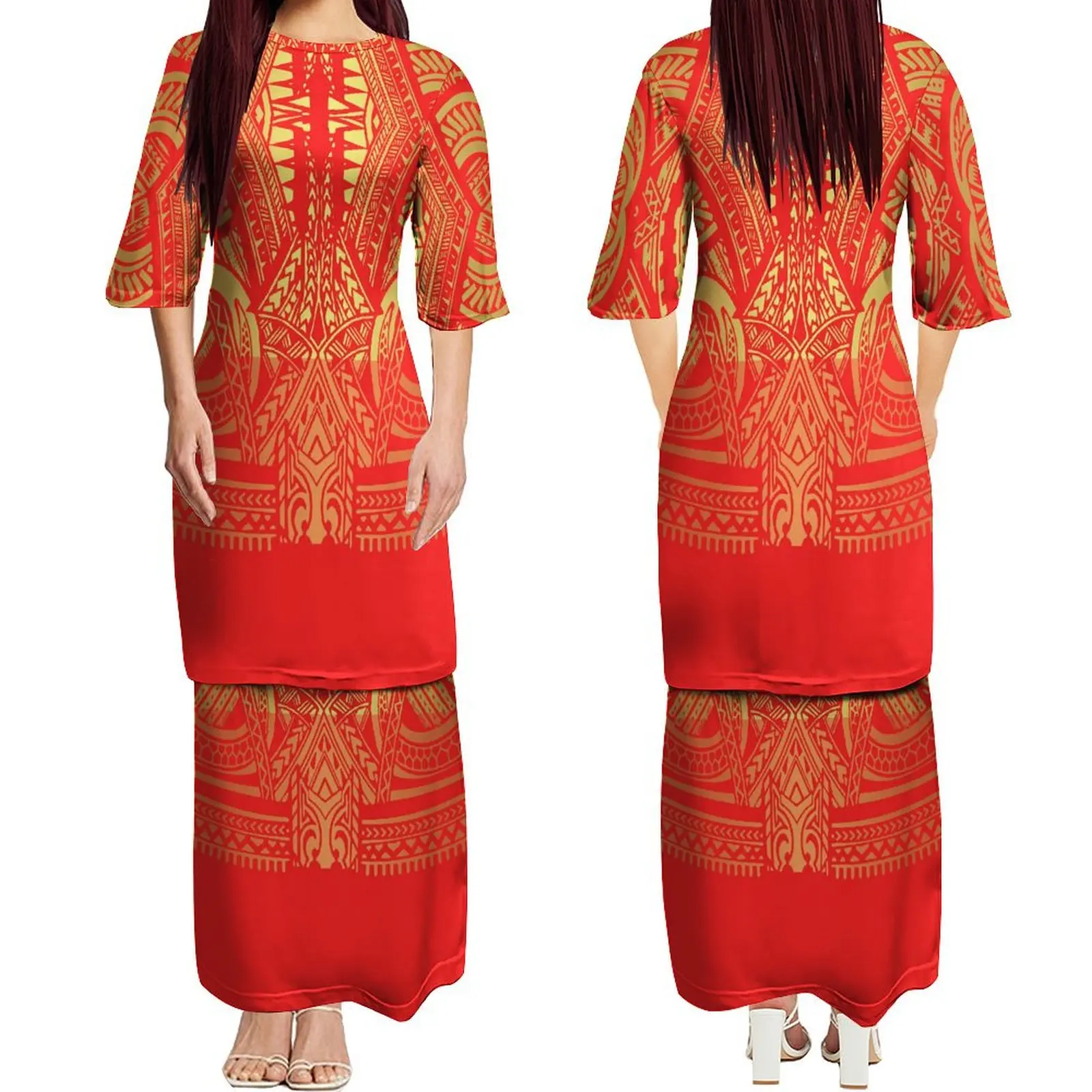 2024 New Crew-Neck Double-Layer Dress Puletasi Samoa Custom Polynesian Ankle-Length Dress Dress