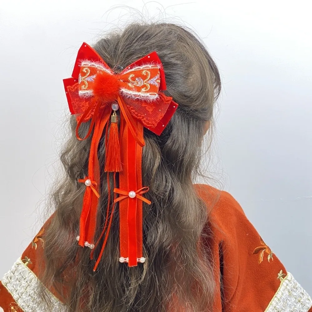 

Новогодняя заколка для волос с красным бантом и плюшевым помпоном, украшение для волос в стиле принцессы Ханьфу, для дома