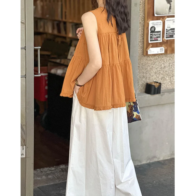 

2026 Spring and Summer Shirt Women's Design Sense Niche Loose and Thin Fairy Sleeveless Doll Shirt Solid Color Simple