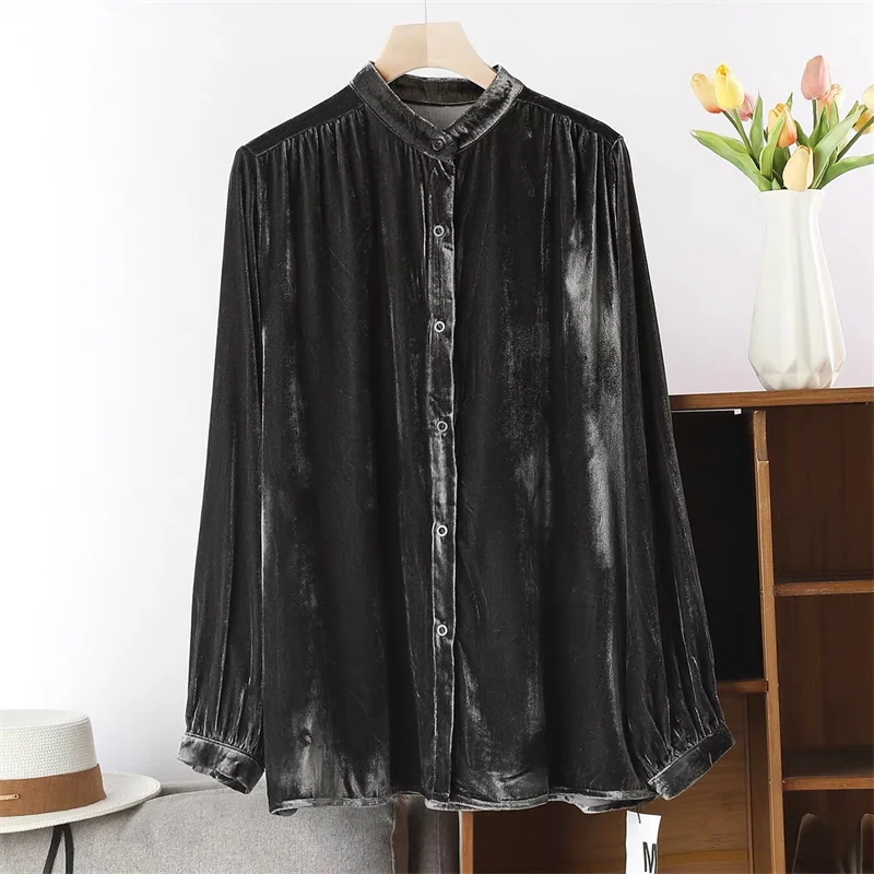 Camisa de Veludo Plus Size Feminina de Manga Longa, Cor Sólida, Gola Alta, Camada Base para Primavera e Outono, Blusa de Veludo