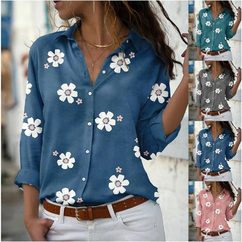 Women\'s Long Sleeved V Neck Button Tops Casual Printed Flowers T-Shirt Autumn Spring Blouse