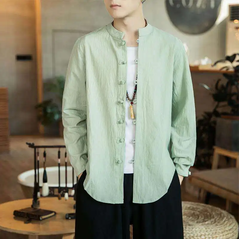 

Chinese Sle Men's Long Sve Cotton Linen irt Buttoned Tang Suit Large Size Youth Zhongan Coat Spring Ciwalk Cleanfit