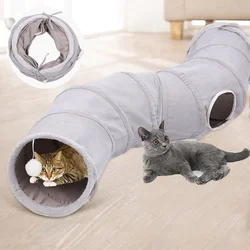 Túnel plegable para gatos de interior, juguetes para gatos, tubo de Juego de 3 vías en forma de S, gamuza gris, túneles de arruga para mascotas con bola