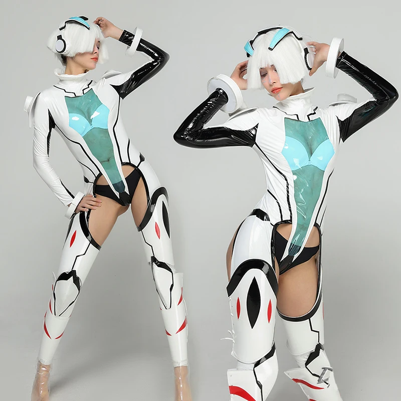 Auf Lager Future Sense Gogo Dance Kleidung Pu Leder Aushöhlen Overall Party Festival Rave Outfit Sänger Bühne Kostüm yj844