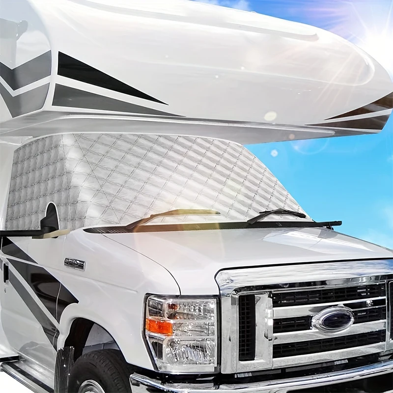 

Ford E450 RV (1997-2025) Windshield Snow Cover - Silver, with Mirror Cutouts & Elastic Straps.