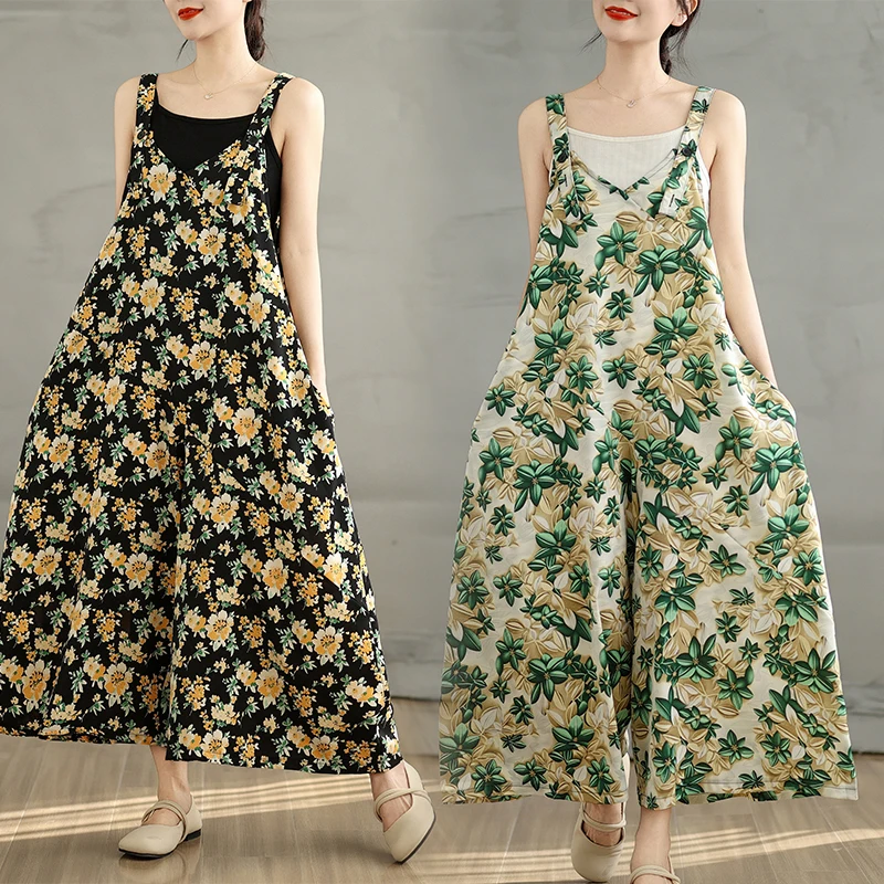 Summer New Style Slimming One-Piece Pants Casual Shoulder Strap Wide Leg Pants Skirt Simple Elegance Loose Waist Polyester Fiber