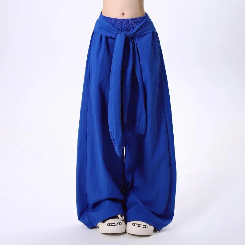 

Deeptown Blue Vintage Women Sweatpants Harajuku Solid Color Bandage Design Wide Leg Pants Korean Fashion Baggy Trousers Casual