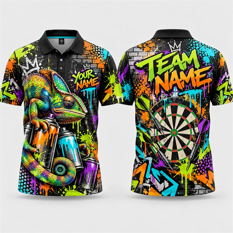 Men Personalized Darts Polo Shirt Custom Team Name Chameleon Crane Toucan Peacock Black Cat Art Print Short Sleeve Jersey
