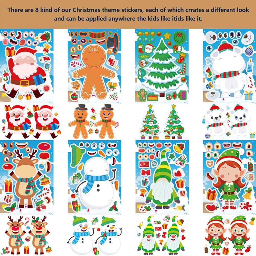 8/16Sheets Make a Face Christmas Puzzle Stickers Santa Claus Elk Funny Assemble Jigsaw Cute DIY Party Decoration Kids Gift Toys #3