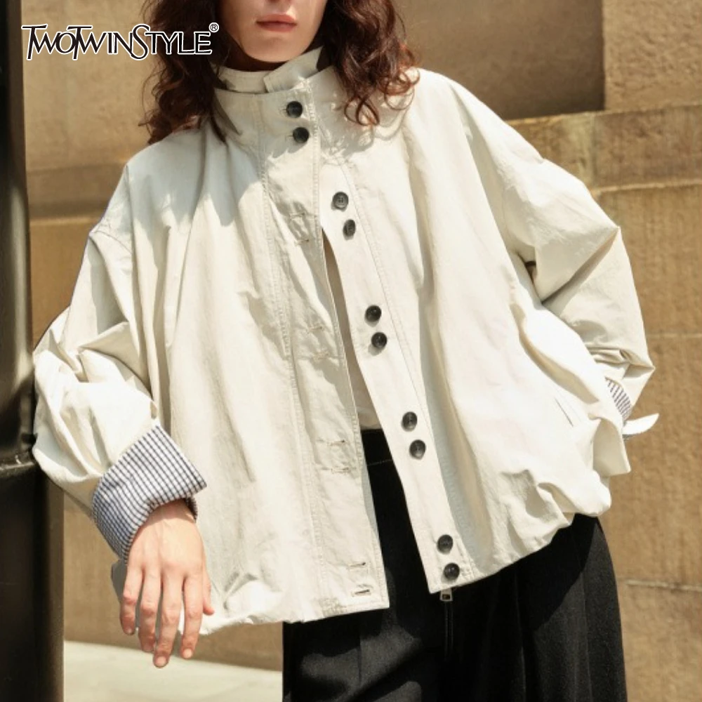 

TWOTWINSTYLE Graygreen Spliced Bandage Jacket Female Turtleneck Long Sleeve Loose Office Lady Women's Jackets Autumn Style New