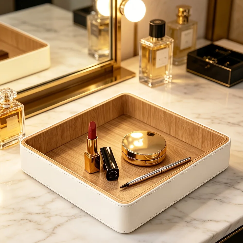 Japanese Style Minimalist Square Beige Wood Grain Leather Storage Tray Desktop Cosmetics and Jewelry Storage Tray Storage Tray