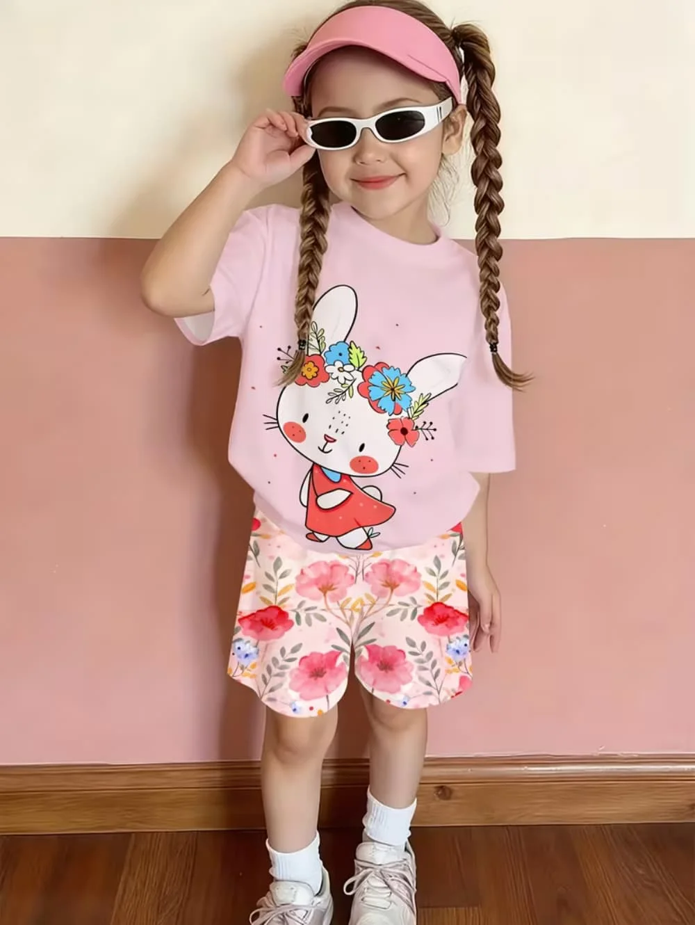2-Piece Summer Set for Girls Clothes Rabbit Printed T-Shirts Elastic Waist Shorts Comfortable Casual Home and Outdoor Girls Set