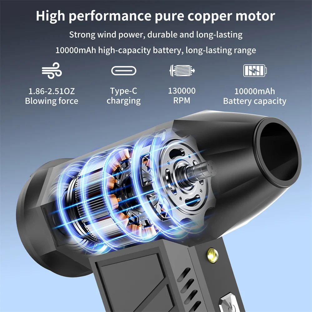 Powerful Turbo Jet Fan Air Blower 130000RPM 52M/S Handheld Type-C Charging Turbofan with LED Lighting Flash Dust Snow Blowing