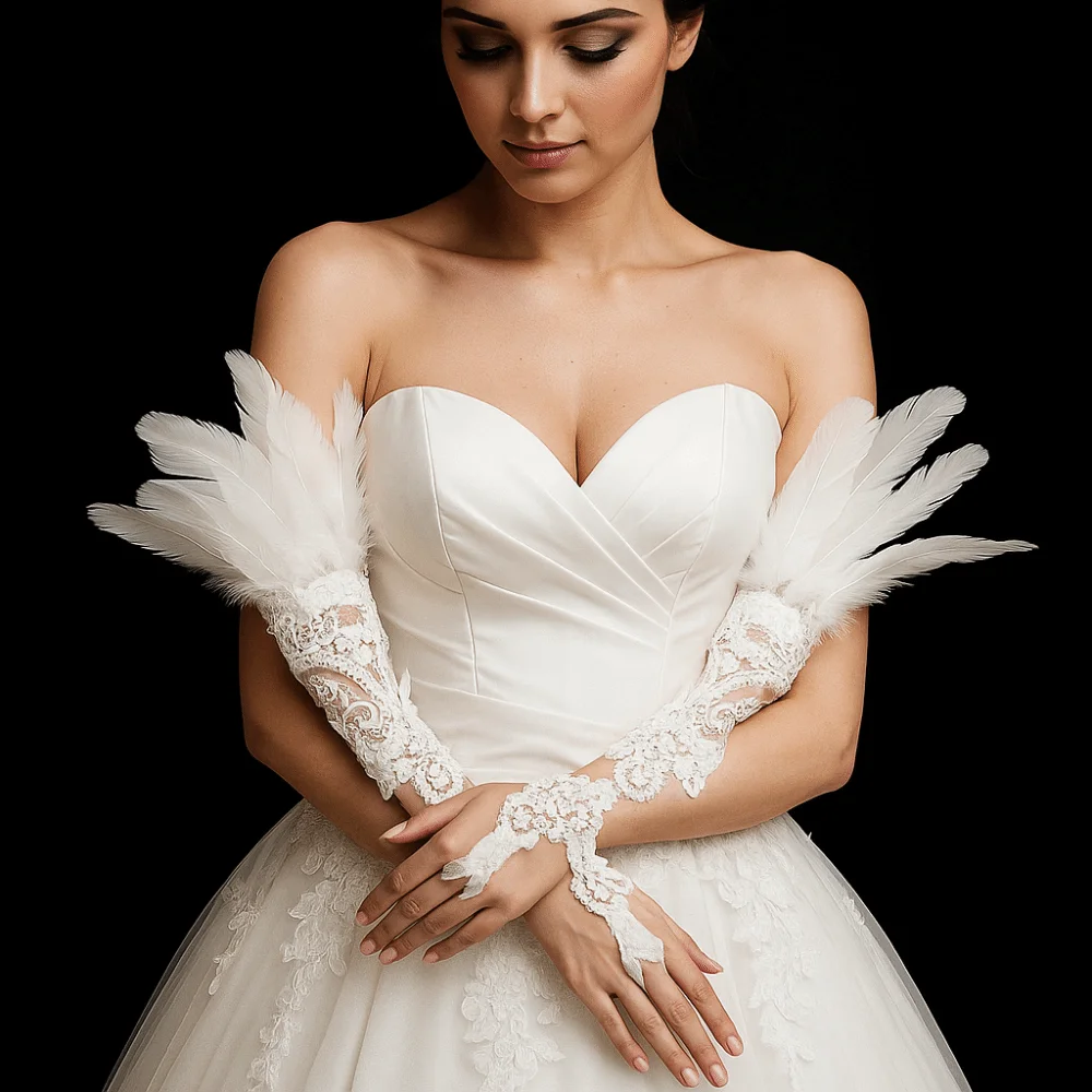 1 قطعة اكسسوارات الإزياء الدانتيل ريشة قفازات طويلة التطريز المعصم الأصفاد القوطية شبكة كم أبيض أسود الإناث القفازات ملابس الحفلات