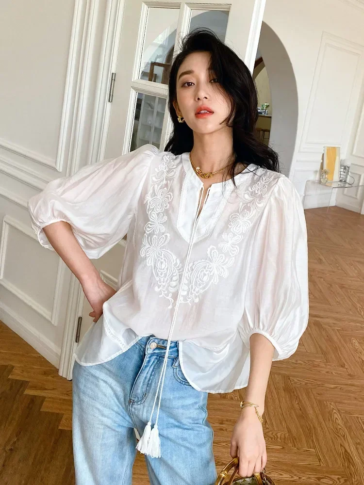 Summer Embroidery Chic Blouse Shirt Bohemian Vintage Tie Lace Up Sheer Sexy Blouse Holiday Women Casual Tops New