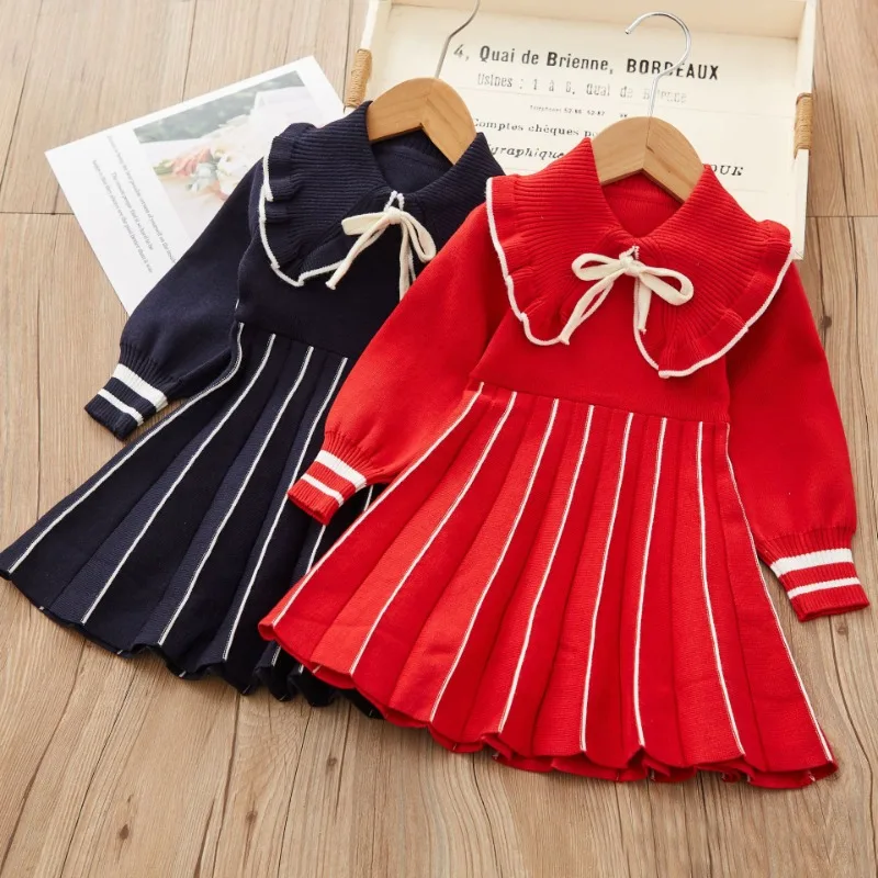 

Girls' Long Sleeved Sweater Dress New Autumn/Winter New Girls' Ruffle Flap Collar Lace Up Ruffle Vertical Stripe Knit Dress 2-6Y