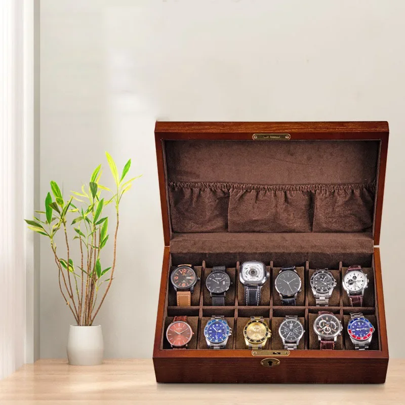 Wooden Watch Storage Box with Lock Transparent Skylight Watch Boxes Organizer Bracelet Glass Wrist Watches Display Collection