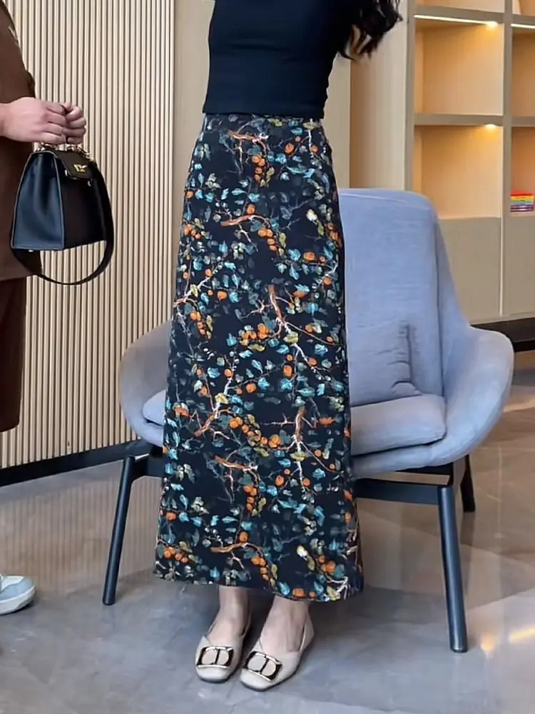 Black Botanical Print Skirt for Women, High Waist Side Split Maxi Bodycon Skirt, Casual Summer Long Skirt